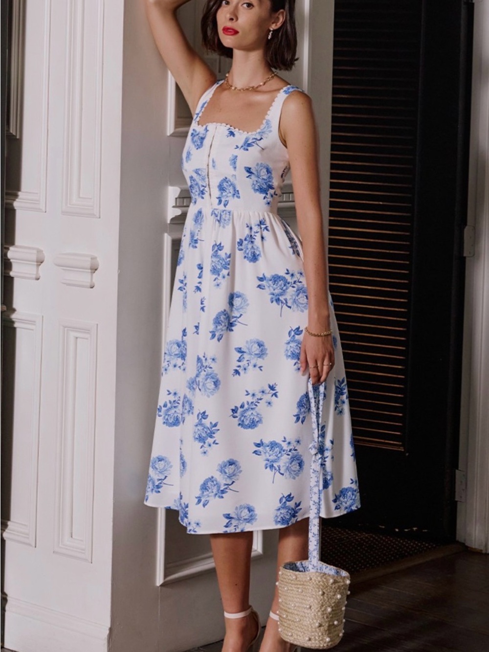 Francesca's Collections White Midi Dress with Blue Floral Print